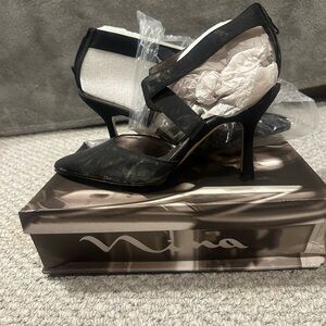 Nina Black Satin Pointed-Toe Stiletto Heels